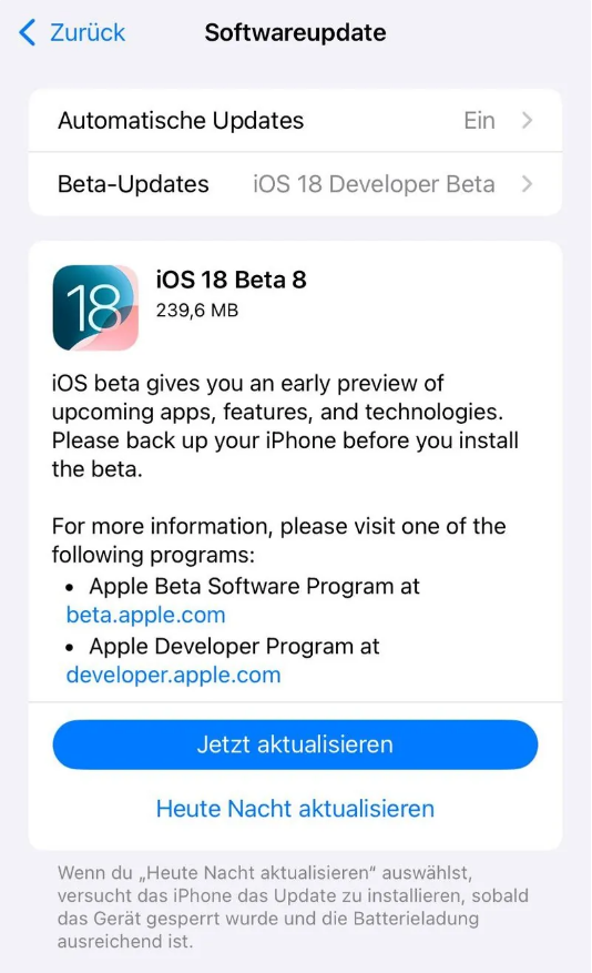 浦江苹果手机维修分享苹果 iOS / iPadOS 18 开发者预览版 Beta 8 发布 